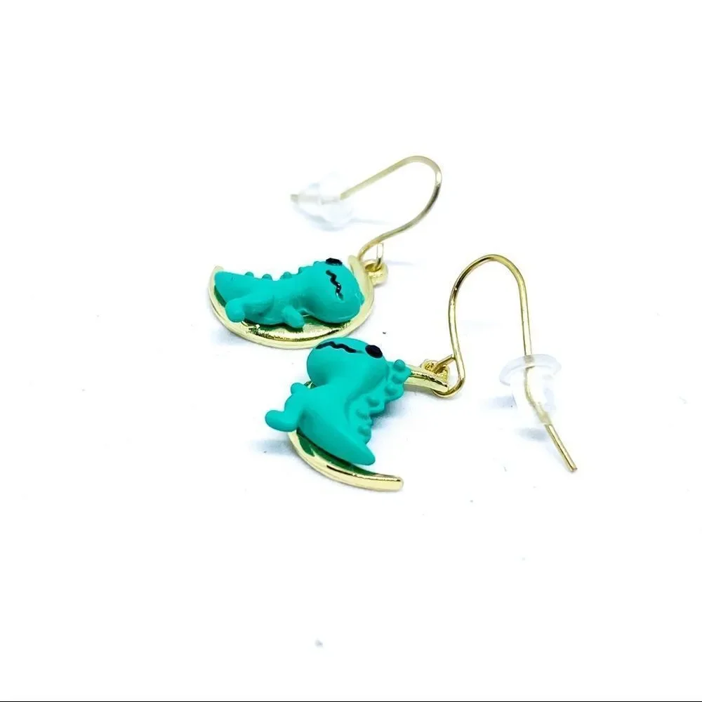 NWT Green Dinosaur Gold Fish Hook Earrings